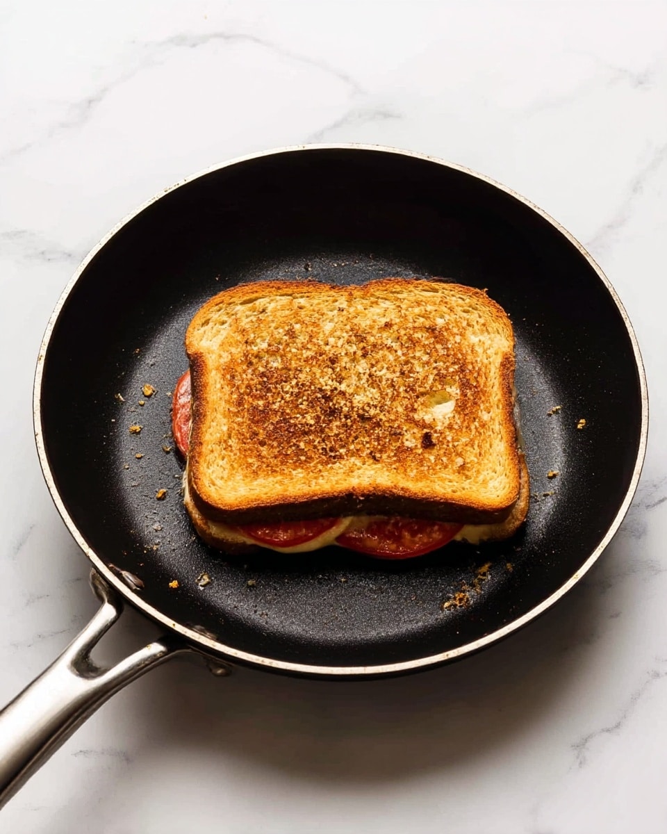 A toasted sandwich sits in a black frying pan on a white marbled surface. The sandwich consists of two thick slices of golden brown bread with a crispy texture, showing small browned crumbs on the surface. Inside, visible peeking out slightly from the side, there is a layer of melted cheese and a layer of red tomato slices beneath it. The sandwich is positioned near the center of the pan, and the pan handle extends outwards. photo taken with an iphone --ar 4:5 --v 7