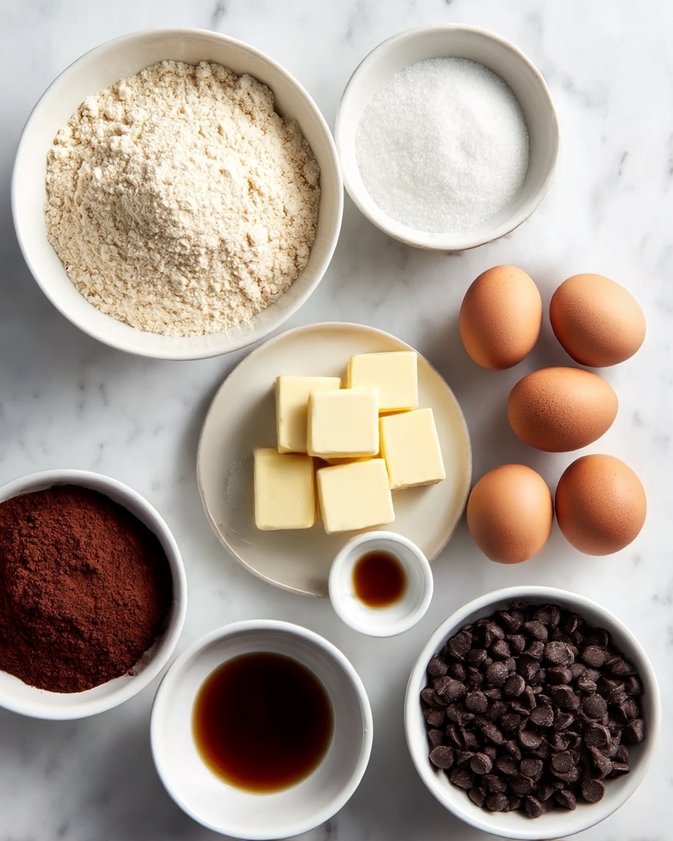 The image shows eight white bowls and three brown eggs arranged neatly on a white marbled surface. Starting from the top left, there is a large bowl full of light beige flour with a soft, powdery texture. To its right, a smaller bowl is filled with fine, white granulated sugar. Below the flour, there's a small plate holding smooth, pale yellow butter square slices. In the middle between butter and sugar bowls, a tiny white bowl contains a small amount of salt, crisp and grainy in texture. Near the center right, three brown eggs with smooth shells are placed close together. Next to the eggs, a small bowl contains dark amber liquid vanilla extract. At the bottom left, a white bowl is filled with rich, dark brown cocoa powder that looks soft and finely ground. Adjacent to it on the right, a large bowl is full of dark chocolate chips, small, round, and shiny with a smooth texture. photo taken with an iphone --ar 4:5 --v 7