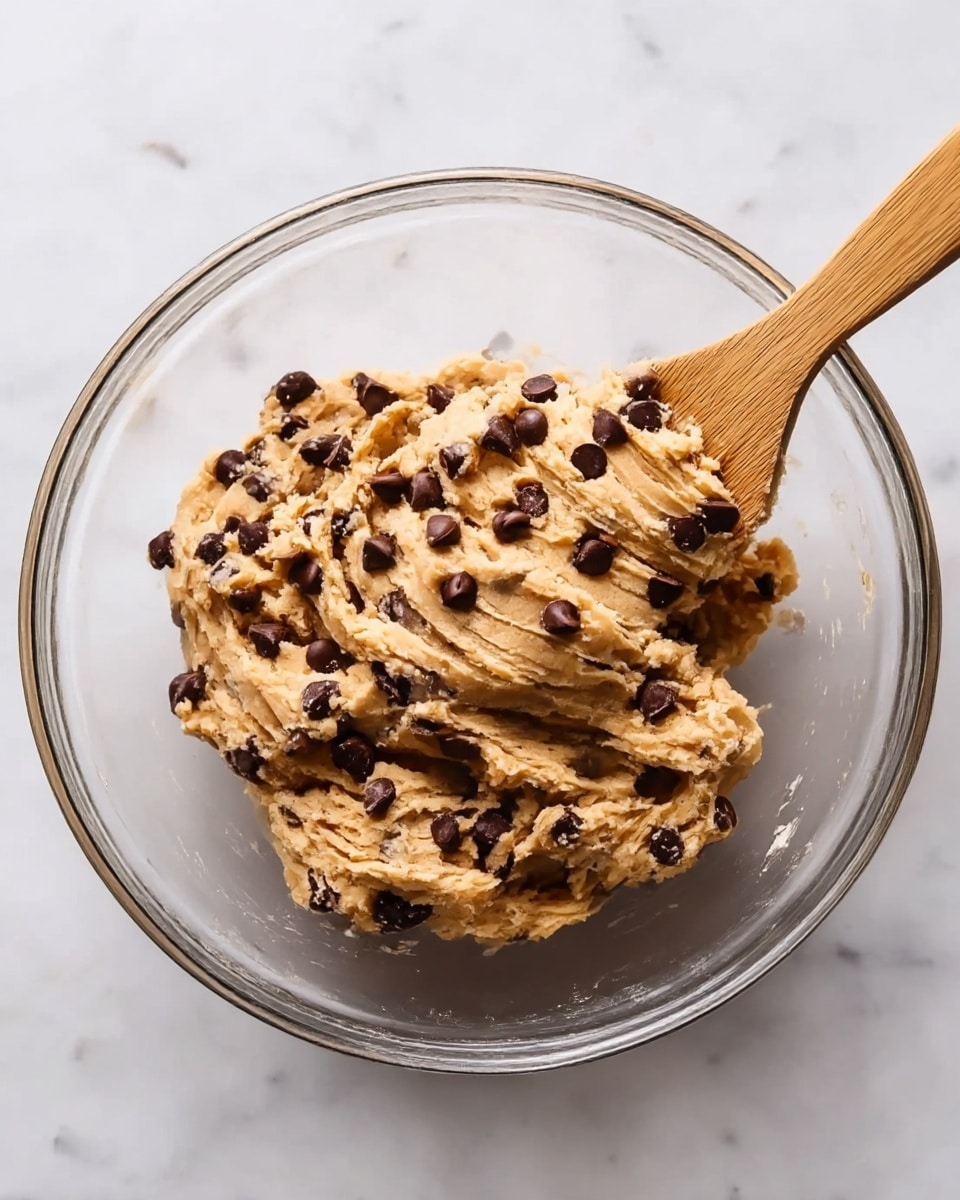 A clear glass bowl placed on a white marbled surface is filled with thick, light brown cookie dough mixed with many dark brown chocolate chips scattered throughout. A wooden spatula with smooth texture is partially stuck in the dough on the right side, lifting some dough strands while the rest sits in a rough mound shape with visible ridges and folds. The texture of the dough looks soft but firm enough to hold shape, and the contrast between the dough and chocolate chips is clear. photo taken with an iphone --ar 4:5 --v 7