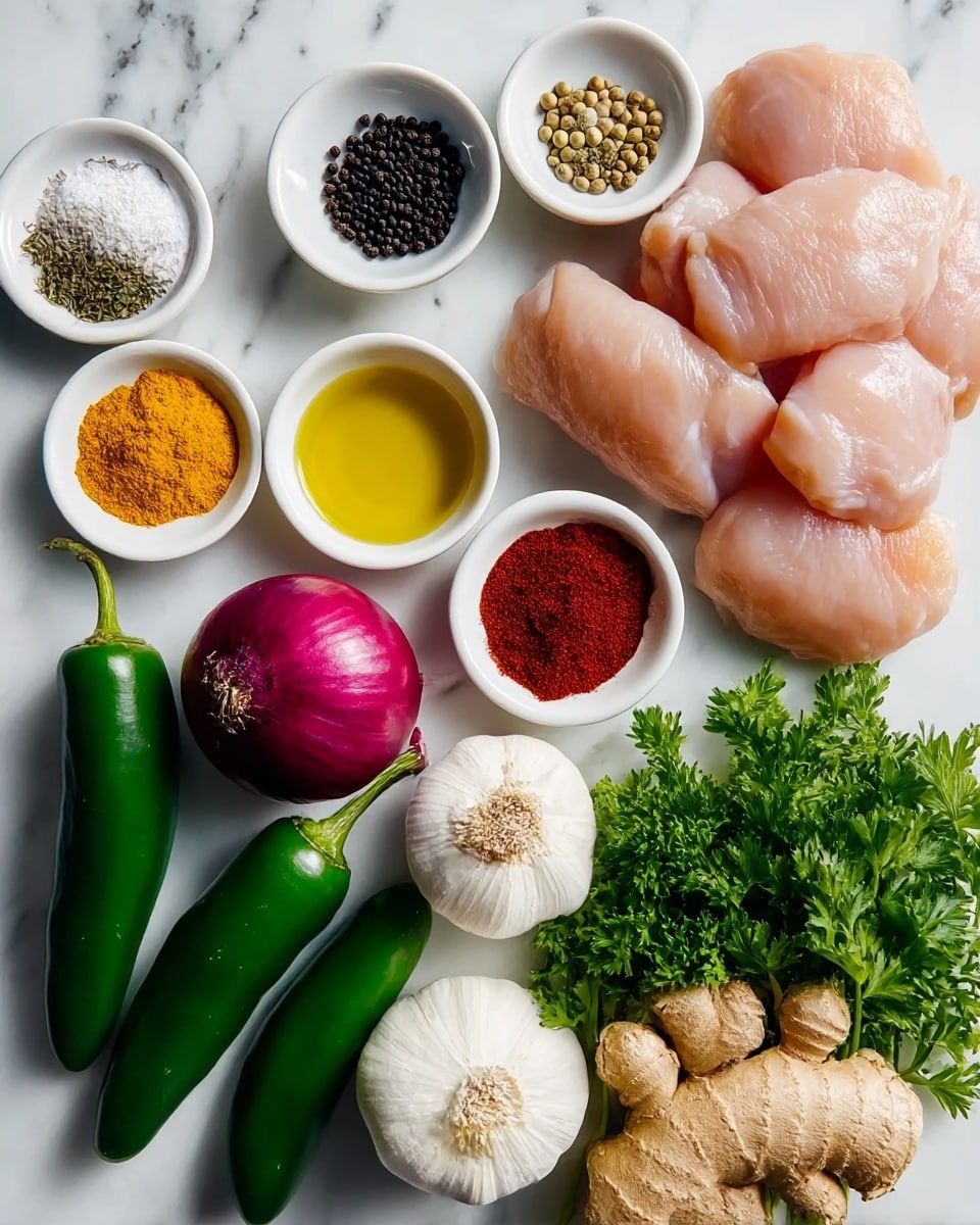 The image shows a flat lay of fresh cooking ingredients arranged neatly on a white marbled surface. There is a cluster of five raw, pale pink chicken pieces with smooth texture on the top right. Around them are small white bowls containing black peppercorns, dried herbs, salt, bright yellow turmeric powder, golden olive oil, and deep red chili powder. Below the bowls, fresh vegetables and aromatics are placed, including two long, smooth green jalapeños, a whole round yellow onion, a purple clove of garlic, a bulb of white garlic, and a large knobby piece of fresh ginger with a brownish skin. On the bottom right side, there is a bunch of fresh curly green parsley. The ingredients all have clean, distinct colors and textures that stand out on the white marbled background, viewed from above in natural light. Photo taken with an iphone --ar 4:5 --v 7