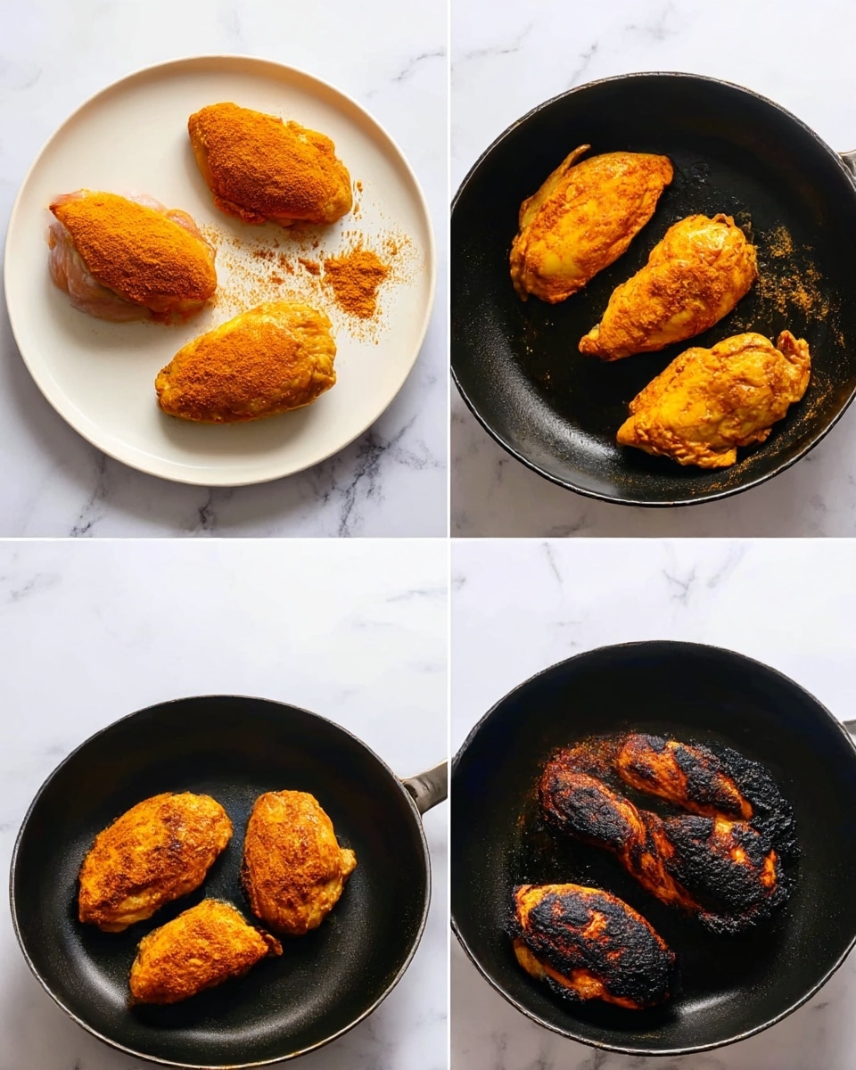 The image shows four panels of cooking chicken pieces. The first panel has four raw chicken pieces on a white plate, each piece coated in an orange spice powder, with some spice sprinkled around them. The second panel shows the same four chicken pieces in a black pan, now lightly browned but still mostly orange. The third panel has three chicken pieces in the black pan, showing deeper browning with a mix of orange and golden brown colors on their surface. The last panel shows three chicken pieces in the black pan, now very dark brown to almost black with a burnt appearance. The background surface is white marble. photo taken with an iphone --ar 4:5 --v 7