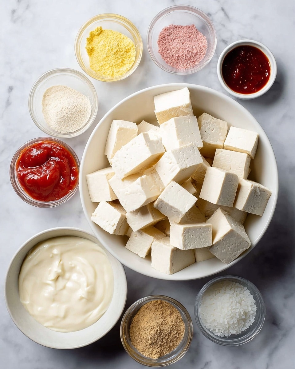 The image shows one large white bowl in the center filled with many tofu cubes, each pale and smooth with sharp edges. Surrounding the bowl are six smaller white bowls, each holding different ingredients: one has a mix of yellow and pink powders, another contains a thick white sauce with a creamy texture, another with a bright red sauce similar to ketchup, one holds a light brown powder mixed with white powder, another has fine white flakes, and the last has a dark, shiny red sauce. All bowls are placed on a white marbled surface, with a clear and bright lighting. photo taken with an iphone --ar 4:5 --v 7