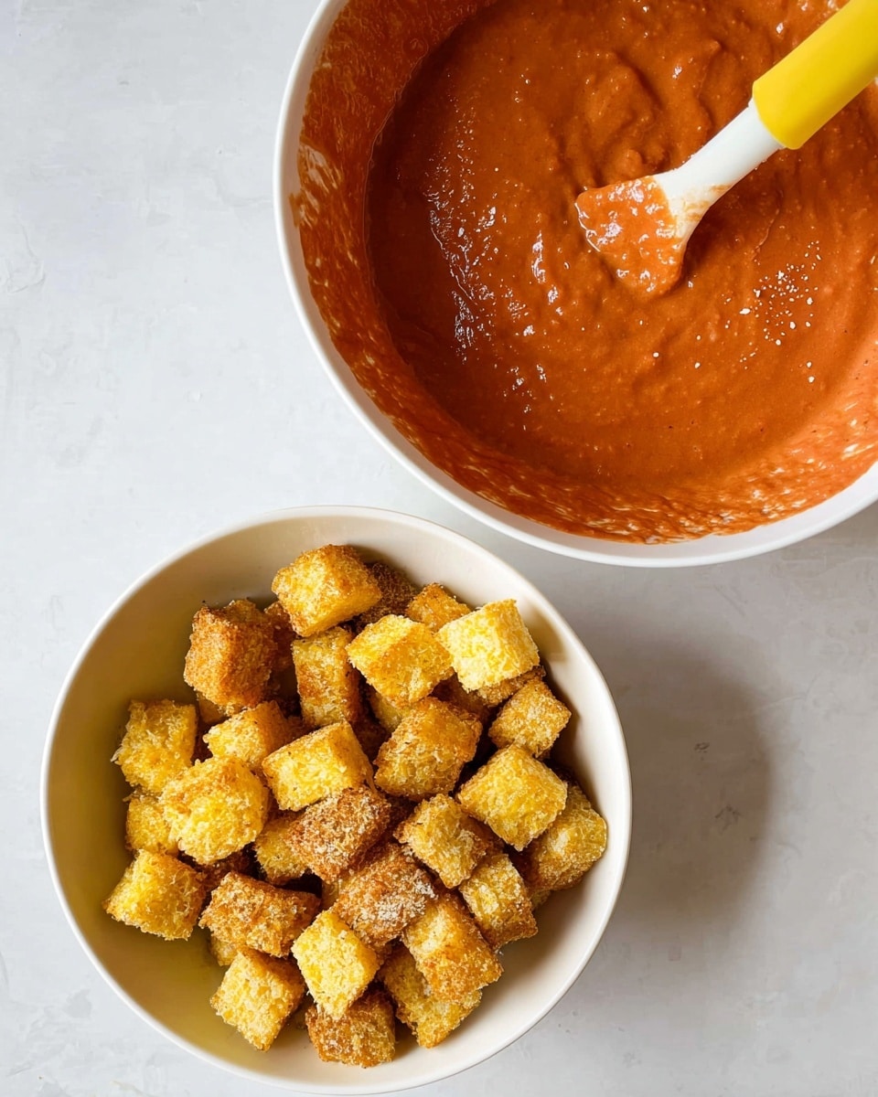 The image shows two white bowls on a white marbled surface. The bowl on the bottom is filled with golden-brown crispy cubes that look crunchy with some rough texture and a light dusting of seasoning. The bowl on the top contains smooth, thick red-orange sauce with small visible flecks, being stirred by a spatula with a yellow handle and a cream-colored head. The spatula is resting inside the sauce, and the sauce has a creamy, slightly glossy appearance. Photo taken with an iphone --ar 4:5 --v 7