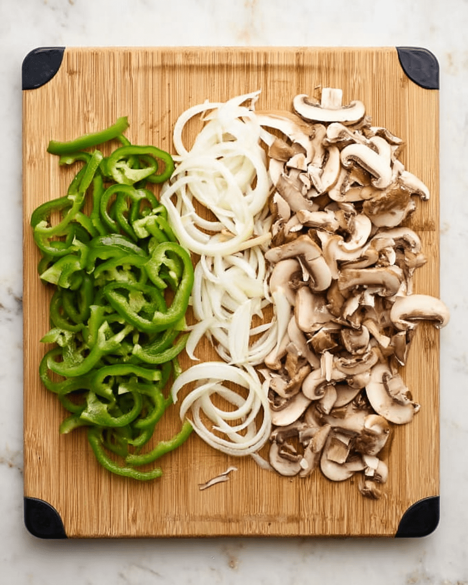 A rectangular light brown cutting board with three piles of sliced vegetables placed side by side, resting on a white marbled surface. On the left, thin green strips of bell pepper form a loose pile, next to it in the middle are curved white onion rings, and on the right are curved light brown mushroom slices, spread in a slightly scattered pile. The cutting board has black corner grips visible. The scene is brightly lit, showing clear textures and colors of each vegetable. Photo taken with an iphone --ar 4:5 --v 7