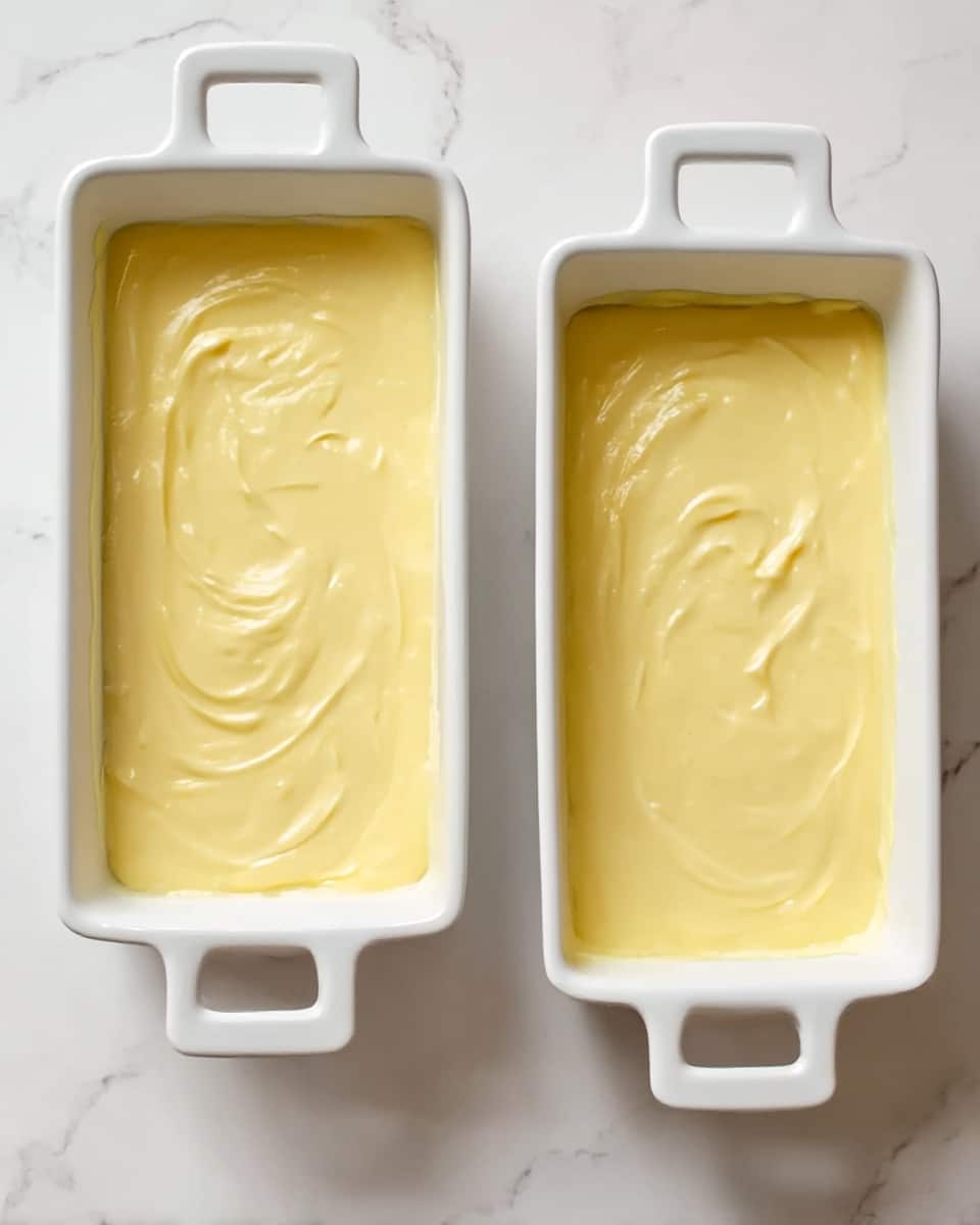 Two white rectangular dishes are shown from above, each filled with a smooth, light yellow batter spread evenly. The batter has a creamy texture with soft swirls and a slightly shiny surface. Both dishes are placed on a white marbled surface, and their handles curve smoothly on either side. photo taken with an iphone --ar 4:5 --v 7
