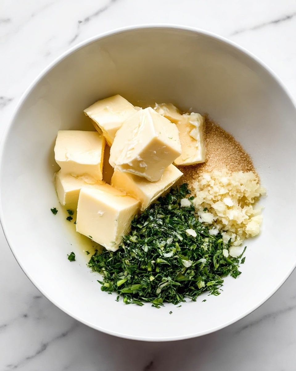 A white bowl sits on a white marbled surface, filled with several layers of ingredients grouped separately inside. At the bottom, there are pale yellow butter cubes, some stacked on top of each other. Next to the butter is a mound of finely chopped green herbs, adding a fresh, leafy texture. On the opposite side, there is a small pile of light brown sugar, and just above the butter cubes, there is a heap of finely minced pale yellow garlic. The colors contrast well inside the white bowl, showing a mix of soft, coarse, and leafy textures. photo taken with an iphone --ar 4:5 --v 7
