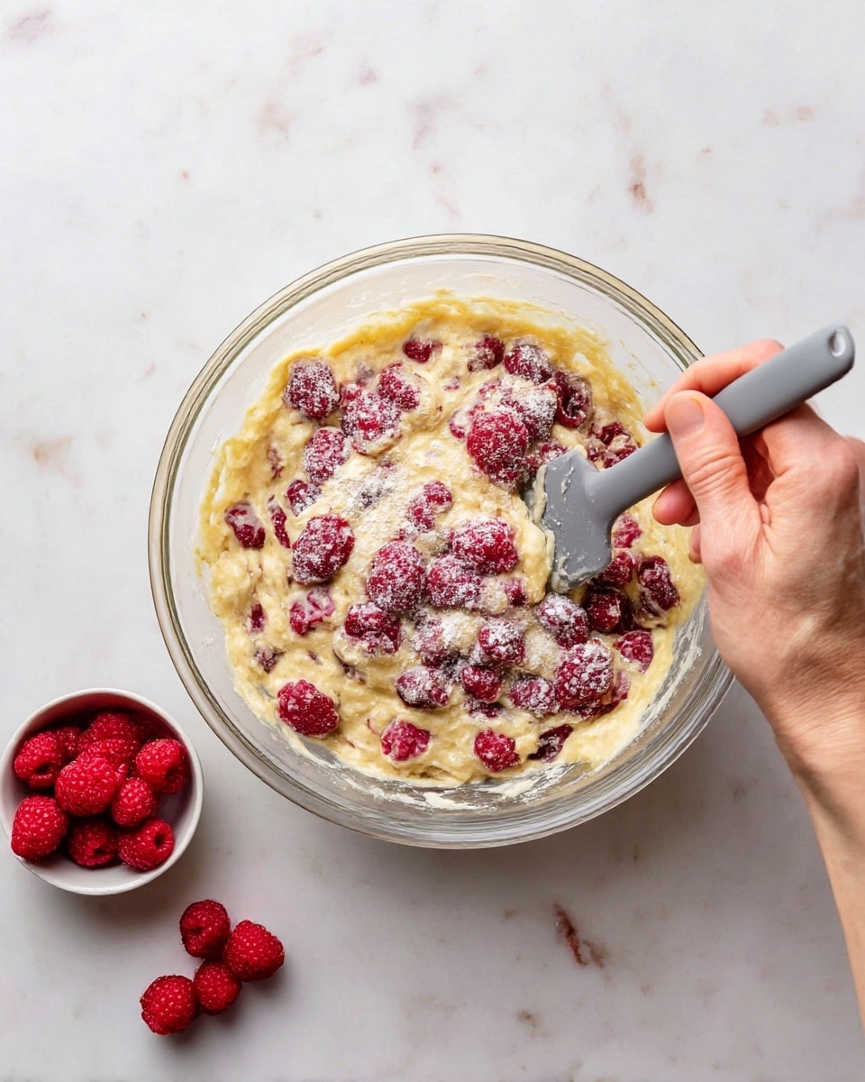 A clear glass bowl sits on a white marbled surface, holding a thick, pale yellow batter mixed with many whole, bright red raspberries covered in a light dusting of flour. A gray spatula is partially submerged in the batter, held by a woman's hand on the right side of the image, stirring the mixture. Near the bowl’s bottom left corner, a small white bowl filled with fresh raspberries and two loose raspberries lie on the marbled surface. The batter looks creamy and softly textured, while the raspberries add a rough, bumpy contrast photo taken with an iphone --ar 4:5 --v 7