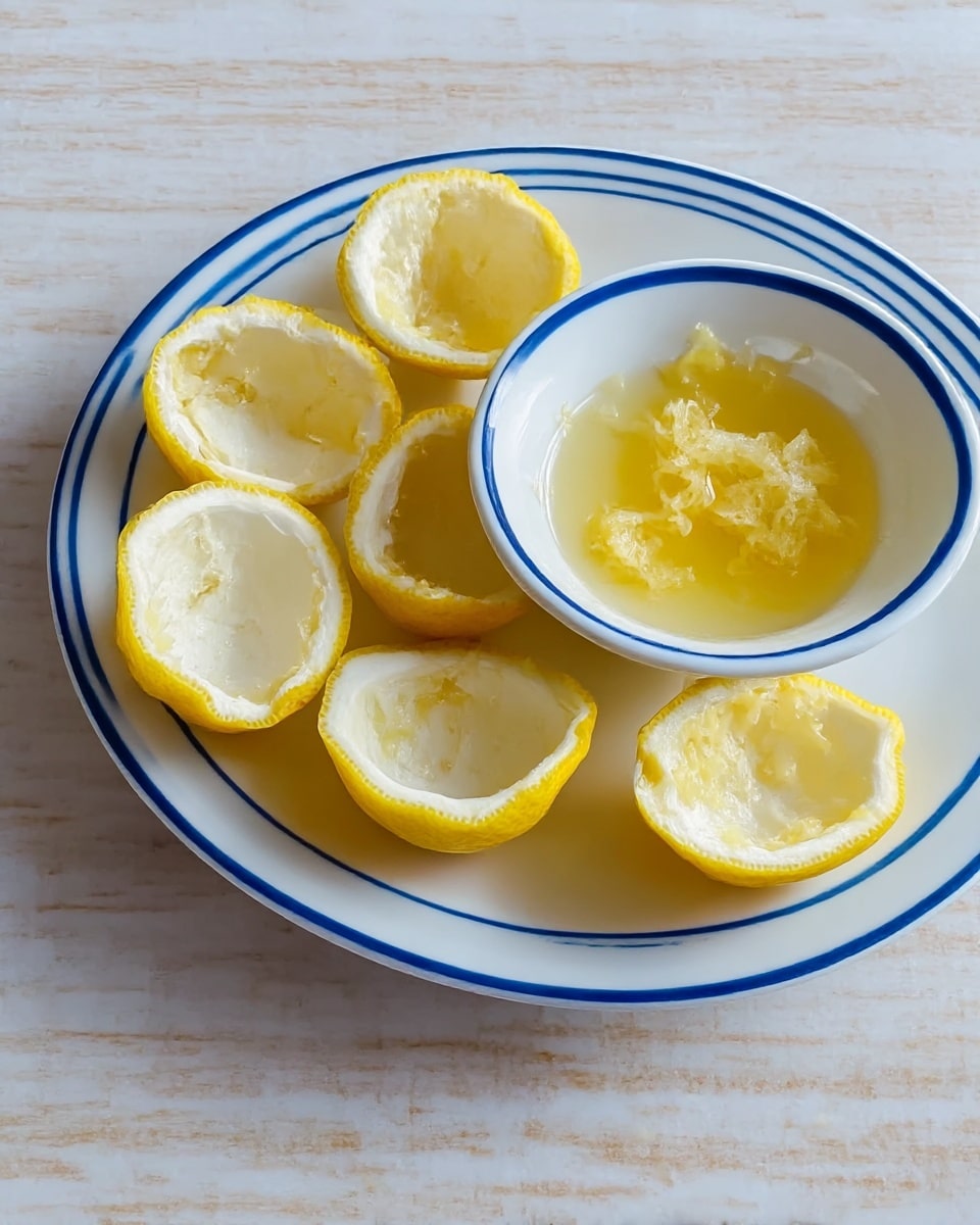 There is a white round plate with two thin blue rings near the edge. On the plate, there are six lemon halves, all hollowed out, showing white inner surfaces with yellow edges. Next to the plate, on a white round bowl with a blue rim, there is some lemon pulp and juice inside. Both the plate and bowl are placed on a white marbled surface. Photo taken with an iphone --ar 4:5 --v 7