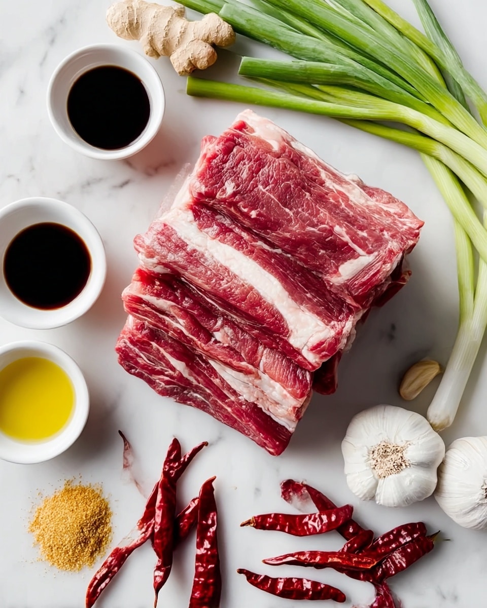 The image shows several layers of raw, red meat slices with white fat marbling, neatly stacked in the center on a white marbled surface. To the right of the meat, there are fresh green onions with both white and green parts visible, and white garlic bulbs with some cloves near the bottom right. On the left side, there are small white bowls containing a thick dark soy sauce, light yellow oil, and a golden granular substance, along with a fresh piece of ginger and several red dried chili peppers arranged close by. The scene is bright and clean, with the ingredients carefully placed around the meat showing different textures and colors. photo taken with an iphone --ar 4:5 --v 7