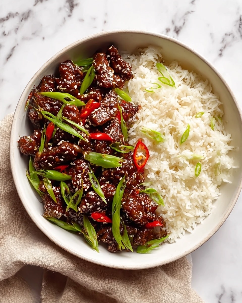 The dish is served in a white bowl placed on a white marbled surface with a beige cloth underneath. It has two main layers: on the left side, there are dark brown glazed meat pieces covered with white sesame seeds and scattered thin slices of bright green spring onions and small red chili peppers, creating a mix of shiny, textured, and colorful elements. On the right side, there is a fluffy layer of white rice with a few green spring onion pieces sprinkled on top. The overall look is vibrant with a nice contrast between the dark meat and white rice, making it visually appealing. photo taken with an iphone --ar 4:5 --v 7
