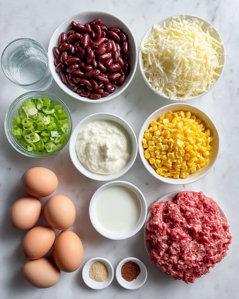 The image shows several small white bowls and fresh ingredients on a white marbled surface. There is a large portion of raw ground meat in the lower right corner with a minced texture in red and light pink colors. Above the meat, there is a white bowl filled with shredded white cheese that looks soft and stretchy. Next to the cheese, on the right, is a white bowl with yellow cooked corn kernels, shiny and plump. Below the corn, there is a white bowl containing smooth, white sour cream. Near the sour cream are two clear glasses of water with a transparent liquid. On the left side of the image, there is a white bowl filled with dark red kidney beans, which appear wet and firm. Above the beans is a white bowl with chopped green onions showing bright green and light green layers. At the bottom left corner, three brown eggs with smooth shells are arranged close together. In the middle bottom, two tiny white bowls hold a pinch of salt and a brown powdered spice. All the items are neatly arranged and the colors are bright and clear. Photo taken with an iphone --ar 4:5 --v 7