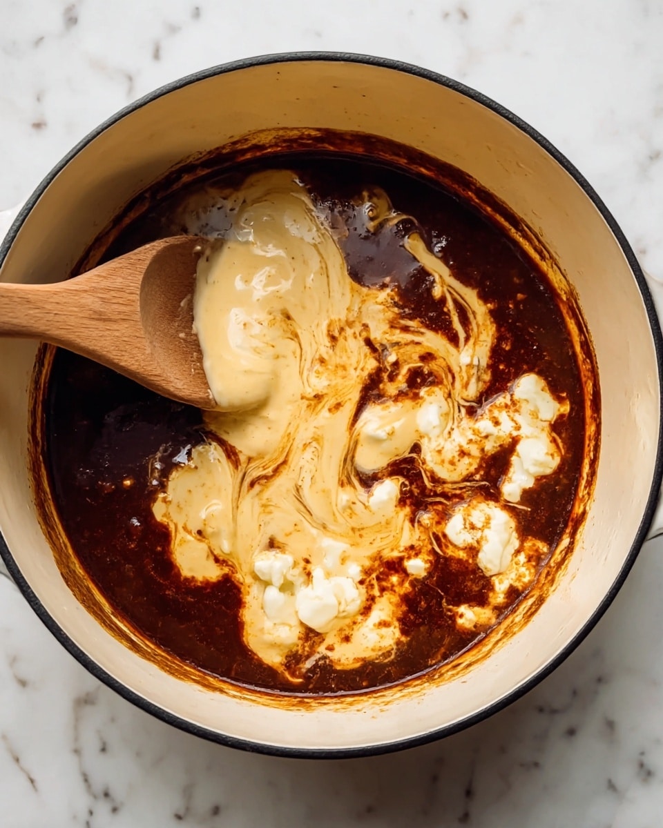 Inside a white pot with dark edges, there is a thick dark brown sauce filling most of the pot’s bottom. On top of this dark layer, there is a creamy, tan-colored sauce swirled unevenly, with some white soft chunks scattered throughout. A wooden spoon with a smooth texture is partially submerged on the left side, stirring the sauces together. The pot is placed on a white marbled surface. photo taken with an iphone --ar 4:5 --v 7