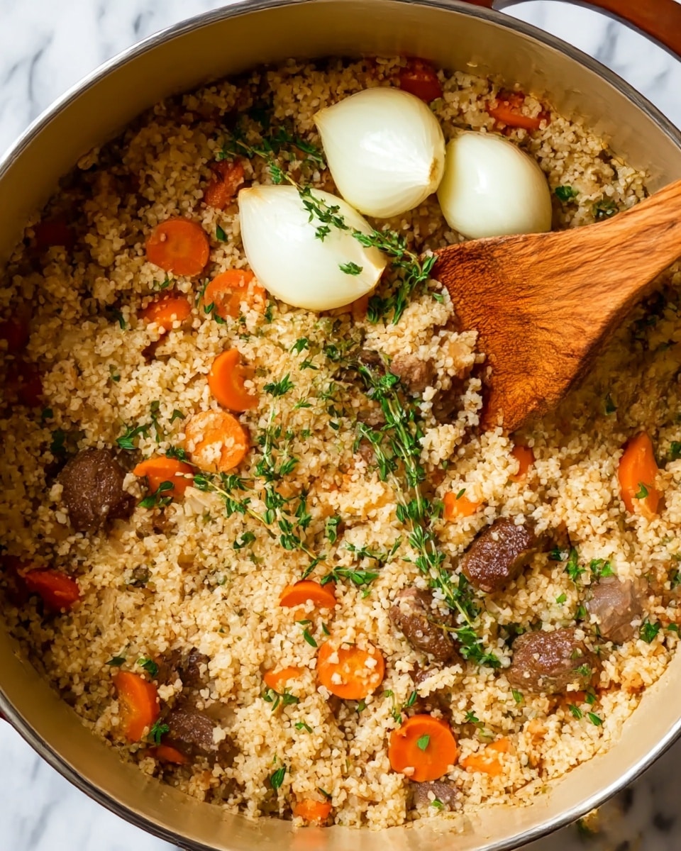 The image shows a close-up view of a pot filled with cooked bulgur wheat mixed with sliced orange carrots, small pieces of browned meat, and three whole peeled white onions placed on top. The bulgur is light tan and fluffy, while the carrots add vibrant pops of orange, and the meat pieces have a rich brown color. Small green herbs are sprinkled throughout, adding a fresh touch. Inside the pot, a wooden spoon with a natural grain rests partially buried in the mixture, and the pot is set on a white marbled surface. photo taken with an iphone --ar 4:5 --v 7