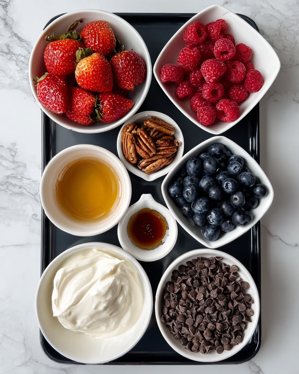 The image shows seven white bowls with different ingredients placed on a black tray over a white marbled surface. The largest bowl on the top left contains bright red strawberries mixed with raspberries, both with textured surfaces. To its right is a square bowl filled with dark blue blueberries that have a smooth, round texture. Below the strawberries is a bowl with golden honey that has a smooth and shiny surface. Next to the honey is a small bowl with chopped pecans showing rough, flaky textures in brown shades. Above the pecans is a small cup with amber-colored vanilla extract, smooth and liquid. At the bottom left is a bowl of thick, white Greek yogurt with a creamy texture, and to its right is a bowl filled with small, dark chocolate chips with a matte finish. photo taken with an iphone --ar 4:5 --v 7