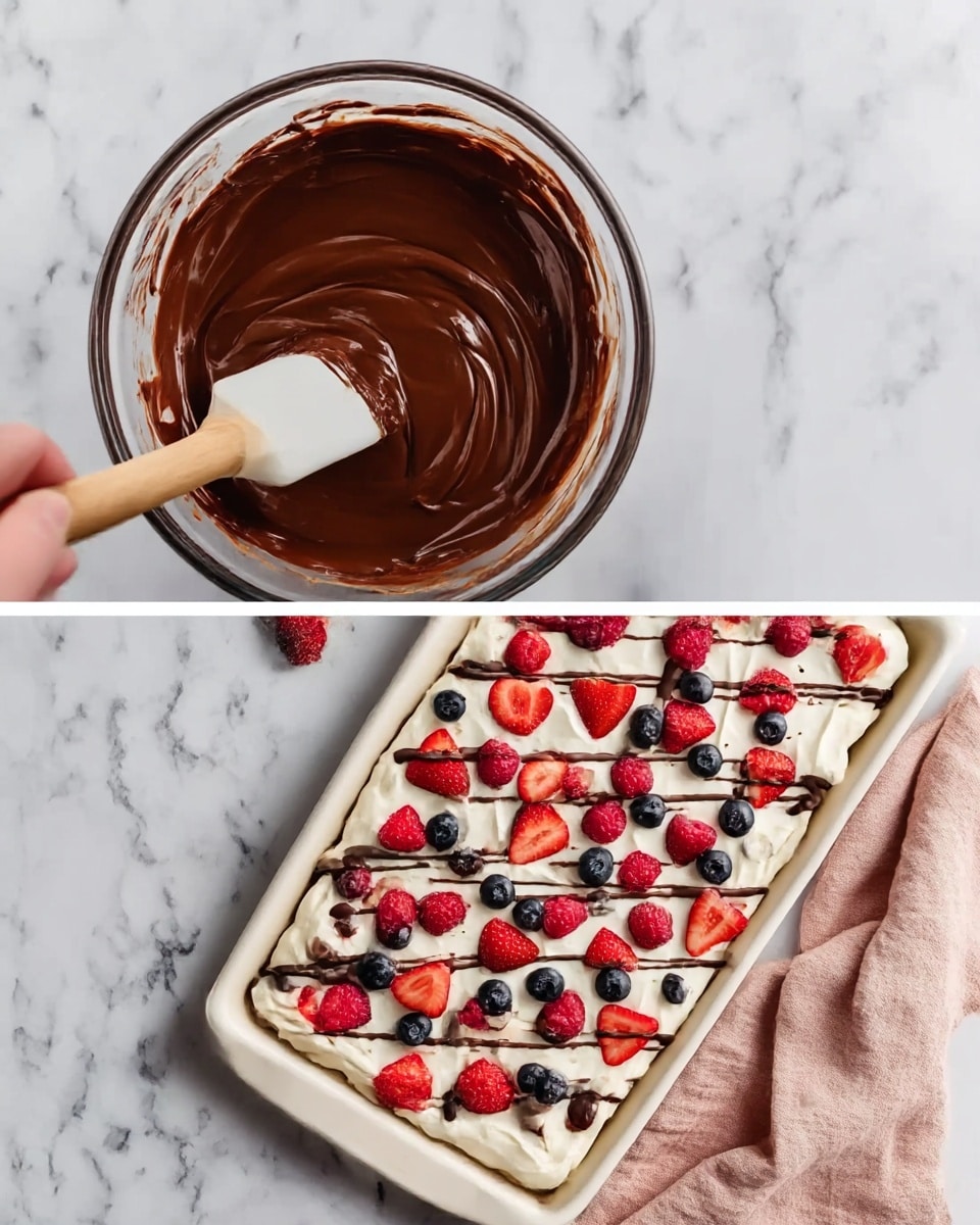 The first image shows a clear glass bowl with smooth, melted dark brown chocolate inside being stirred with a white spatula with a brown woman's hand holding it. The bowl is placed on a white marbled surface. The second image shows a rectangular white tray filled with a thick layer of white cream topped with scattered small red strawberry halves, whole dark blue blueberries, and whole red raspberries. There are thin dark brown chocolate drizzles across the top. A light pink cloth is placed beside the tray on the same white marbled surface. photo taken with an iphone --ar 4:5 --v 7