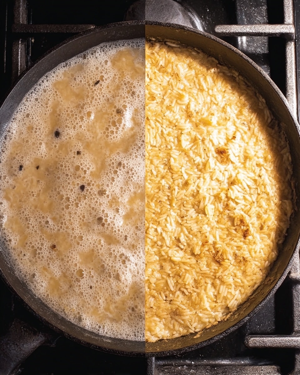 The image shows a side-by-side view of a black pan cooking rice on a stove. On the left, the rice is boiling in light brown liquid with bubbles and a frothy surface, with small dark bits scattered throughout. On the right, the rice has absorbed the liquid, forming a golden-brown crust with some grains sticking together, creating a textured layer with bits of darker toasted rice visible. The pan is rustic and heavy, sitting on a black stove grate with light shining on the surface. photo taken with an iphone --ar 4:5 --v 7