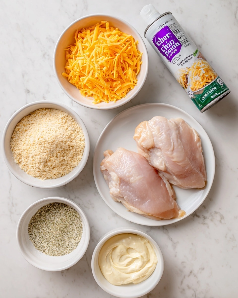 The image shows the ingredients for a chicken dish arranged on a white marbled surface. In the center, there is a white plate holding two raw, pale pink chicken pieces. Above the chicken, a white bowl is filled with bright orange shredded cheddar cheese. To the left of the cheese, a smaller white bowl holds light beige panko breadcrumbs with a crumbly texture. On the right side, a can of green and white cooking spray with purple text leans diagonally. Below the chicken, two more white bowls are placed: one on the left with finely textured ranch seasoning in off-white color, and one on the right with creamy, pale yellow mayonnaise. Each ingredient is labeled with bold, clear text. Photo taken with an iphone --ar 4:5 --v 7