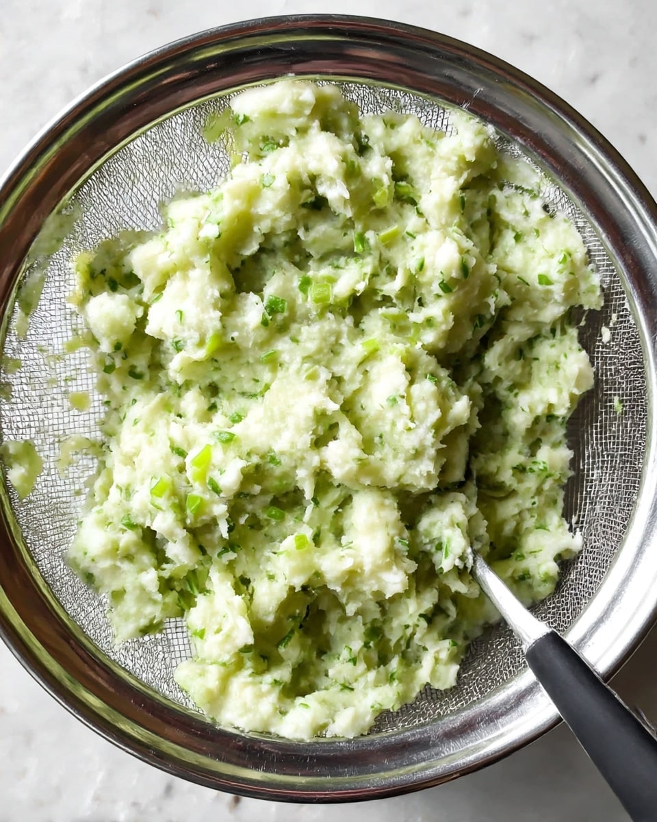 A close-up top view of a silver mesh strainer filled with a thick, chunky mixture of pale green and white mashed vegetables, showing small bits of bright green herbs or vegetables mixed in throughout. There is a silver spoon with a black handle resting in the mixture on the right side. The strainer contrasts with a white marbled textured surface below. Photo taken with an iphone --ar 4:5 --v 7