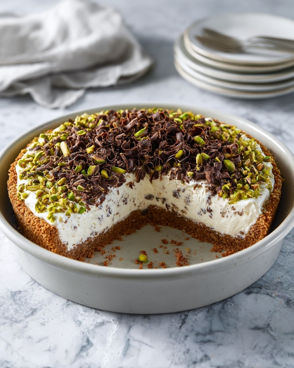 This image shows a round pie in a light gray bowl with a slice missing. The pie has three main layers: a thick, crumbly brown crust at the bottom, a thick middle layer of white cream filled with small chocolate bits, and a top layer covered with a ring of chopped green pistachios around the edge and a dense pile of curled dark brown chocolate shavings in the center. The bowl sits on a white marbled surface with blurred plates and a light gray cloth in the background. Photo taken with an iphone --ar 4:5 --v 7