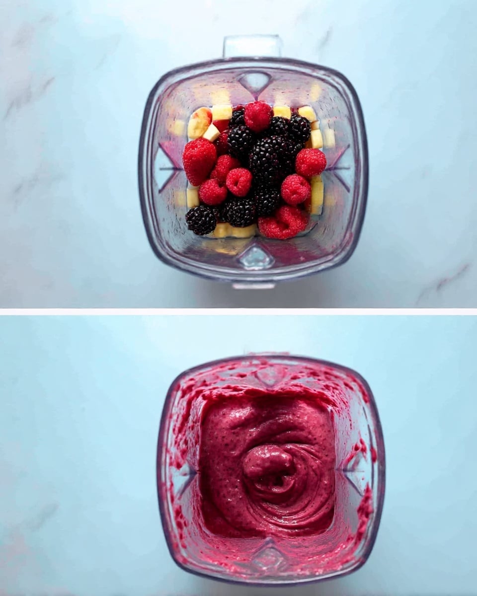 The image shows three views from above of a blender on a white marbled surface. The top section has a layer of whole red strawberries and dark blackberries sitting on a base that looks like small chunks of yellow bananas in the blender. The middle section shows the blender with the fruit now ground up into a rough thick purple-red mix with visible fruit bits stuck on the sides and around the blades. The bottom section displays the blended fruit transformed into a smooth, thick, creamy purple mixture covering the blades, with a rich swirl texture on the surface. Photo taken with an iphone --ar 4:5 --v 7