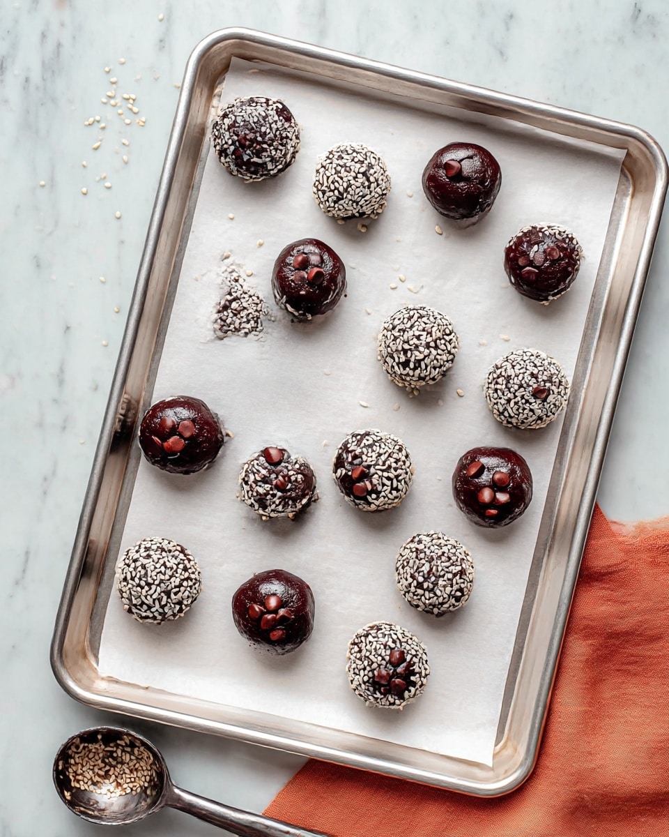 A silver baking tray lined with white parchment paper holds fifteen small round dark chocolate cookie dough balls, arranged in a loose grid. Eight of the dough balls have glossy chocolate chips on top, showing a slightly shiny and textured surface with small cracks. The other seven dough balls are coated densely with white sesame seeds on their top surface, contrasting sharply with the dark chocolate dough beneath. A few scattered sesame seeds are visible around the tray. A metal ice cream scoop with some chocolate residue rests on the white marbled surface beside the tray, next to a soft orange cloth. The overall look is neat and inviting with the colors of dark brown, white, and silver. photo taken with an iphone --ar 4:5 --v 7