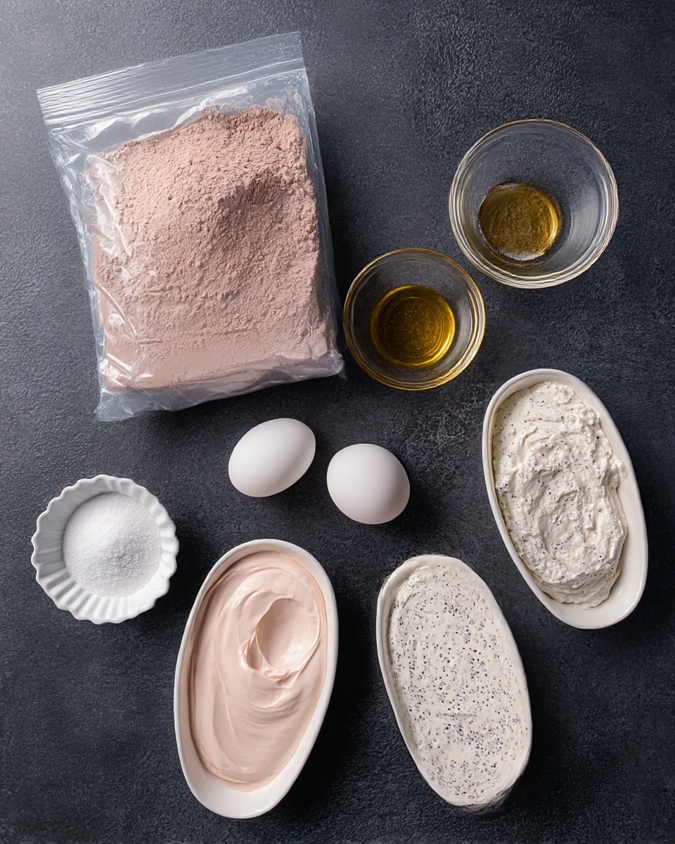 The image shows a top view of several baking ingredients arranged neatly on a dark textured surface. On the top left is a large clear plastic bag filled with a light brown powder, likely cocoa or chocolate mix. To the right of the bag, a small clear glass bowl contains a golden liquid, and below it is a small white bowl filled with white granulated sugar. Next, there is another small white bowl holding four whole white eggs. Below this group, two white oval dishes sit side by side: the left one contains a creamy light pink mixture with a smooth texture and a small dip in the surface, while the right dish holds a creamy white mixture with black specks evenly spread throughout. On the bottom left is a tiny white scalloped bowl with a small amount of white powder, probably baking powder. The overall arrangement is clean and simple with a focus on the texture and color of the ingredients. Photo taken with an iphone --ar 4:5 --v 7