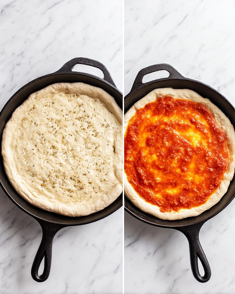 The image shows two cast iron pans side by side on a white marbled surface. In the left pan, there is a pale pizza dough stretched out evenly with a thick outer edge forming a crust, sprinkled lightly with herbs. In the right pan, the same dough now has a bright red-orange layer of chunky tomato sauce spread over the center, leaving the crust clear and visible around the edge. Both pans have black handles, and the overall look is simple and clean. photo taken with an iphone --ar 4:5 --v 7
