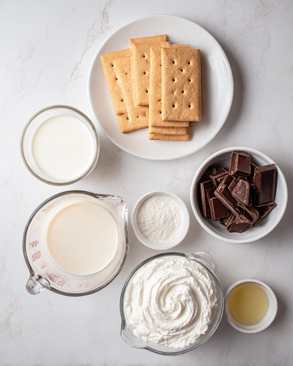 The image shows six white bowls and plates arranged on a white marbled surface. At the top center, a white plate holds six rectangular light brown graham crackers with small perforations. To the right of that plate, a small white bowl is filled with dark brown, irregular pieces of chocolate. At the bottom center, a clear measuring cup holds creamy light beige liquid, likely milk or cream. Above it, a white bowl with a smooth swirl of fluffy, white whipped cream. On the left, another clear measuring cup contains a light creamy liquid. Below it, a small white bowl holds a fine white powder, likely powdered sugar or flour. To the right of the chocolate bowl, there is a tiny white bowl with a small amount of clear, light yellow liquid. The overall setting is clean and bright, with ingredients neatly contained. photo taken with an iphone --ar 4:5 --v 7