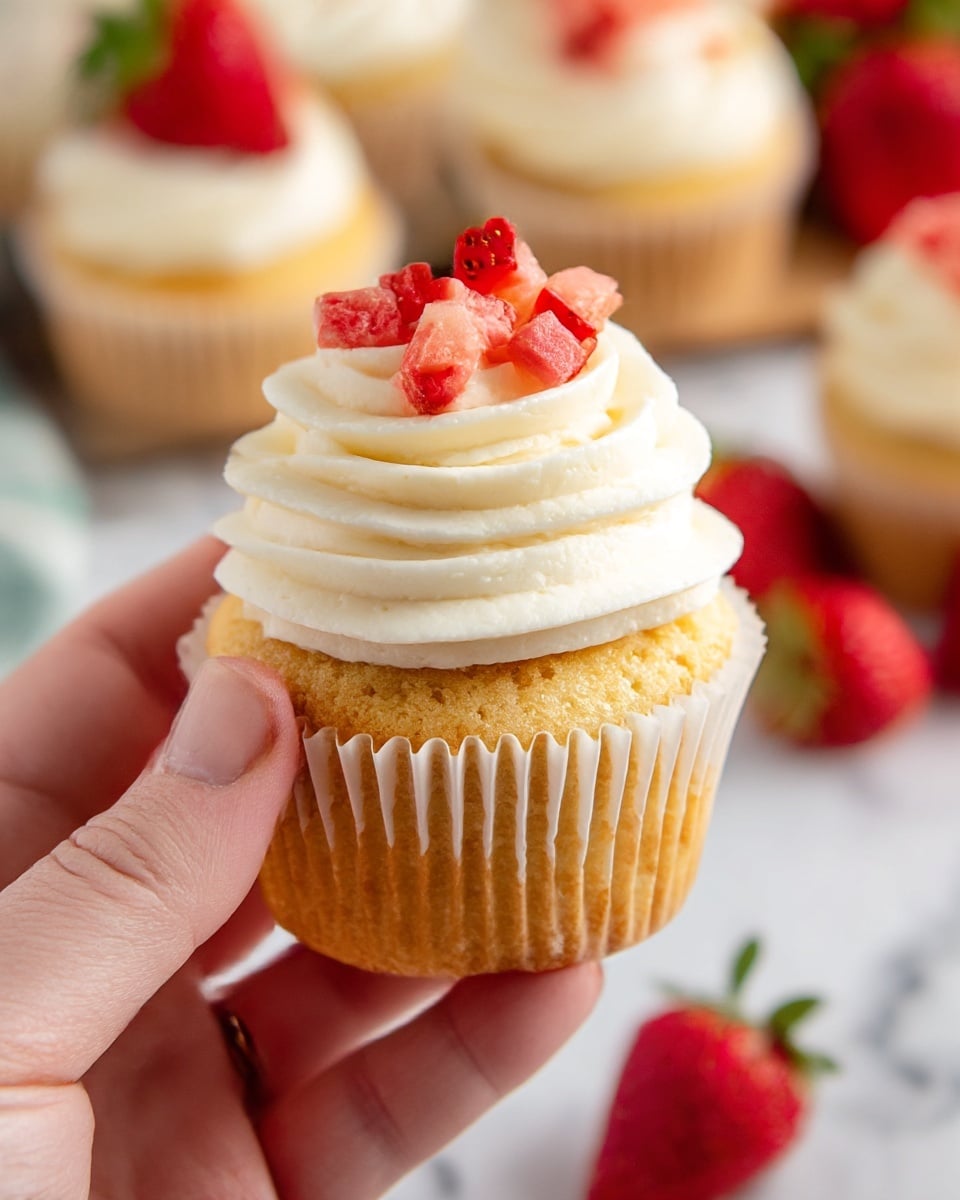 A close-up of a cupcake held by a woman's hand shows a golden-brown base with a soft texture in a white paper liner. On top, there is a large swirl of creamy white frosting, smooth and slightly glossy, forming three thick layers stacked in a spiral pattern. At the peak of the frosting, small red and pink pieces of fresh strawberries are scattered as garnish. In the blurred background, there are other similar cupcakes and fresh strawberries resting on a white marbled surface. Photo taken with an iphone --ar 4:5 --v 7