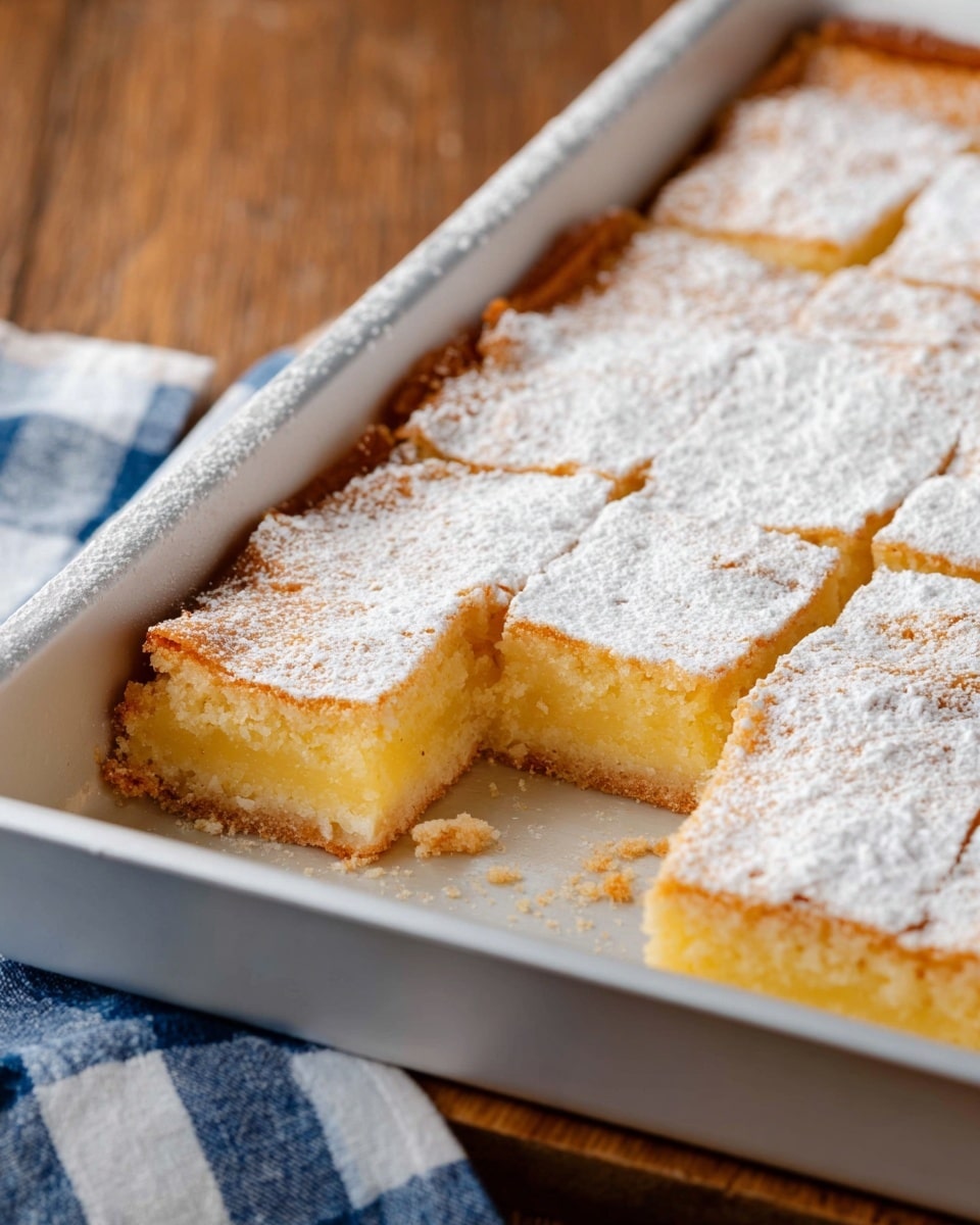A partly sliced yellowish dessert bar with a soft and moist texture sits in a white baking tray; it has a golden brown crust at the bottom and edges with a thick layer of fine white powder covering the top. The dessert is cut into square pieces, with one piece already removed, revealing the inner layers of the crumbly texture. The tray is placed on a wooden surface with a blue and white cloth nearby. Photo taken with an iphone --ar 4:5 --v 7