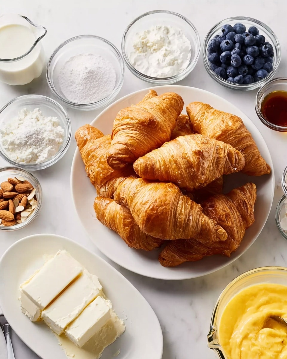 The image shows a white round plate piled with several golden brown croissants that have shiny, flaky layers. Around the plate, there are small clear glass bowls filled with various ingredients: powdered sugar (white and fluffy), sliced almonds (light brown), granulated sugar (white crystals), vanilla extract (dark amber liquid), fresh blueberries (dark blue and round), lemon juice (pale yellow liquid), and lemon zest (bright yellow flakes). There is also a white oval plate with two blocks of creamy white cream cheese. Additionally, there is a clear glass bowl with a yellow mixture that looks like beaten eggs or custard, and a clear measuring cup with white milk. All items are placed on a white marbled surface. photo taken with an iphone --ar 4:5 --v 7