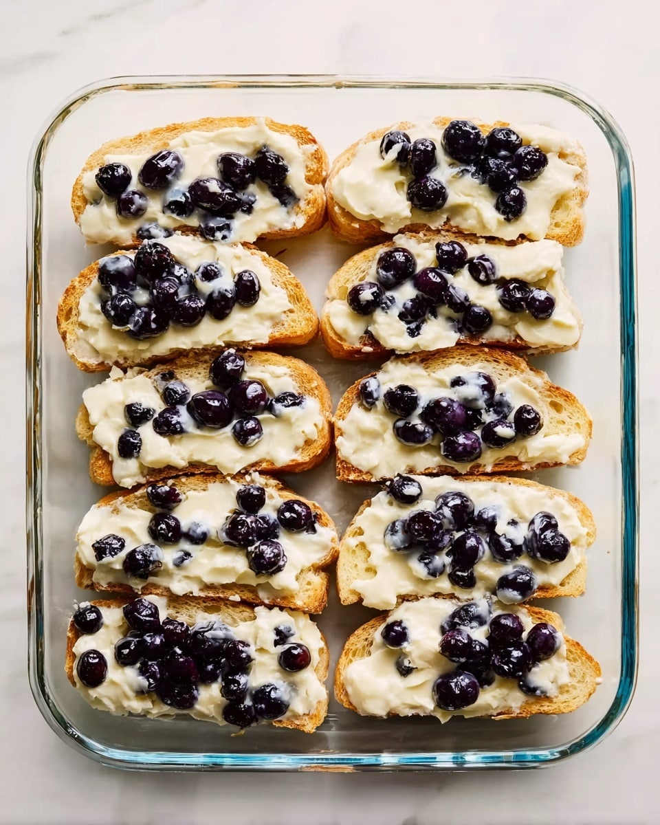 A clear rectangular glass dish holds twelve slices of light golden toasted bread arranged in three rows. Each bread slice is thickly spread with a creamy white layer mixed with whole, plump dark blueberries scattered evenly on top. The texture of the creamy layer looks smooth and slightly glossy, contrasting with the rougher, toasted surface of the bread beneath. The dish sits on a white marbled surface. photo taken with an iphone --ar 4:5 --v 7