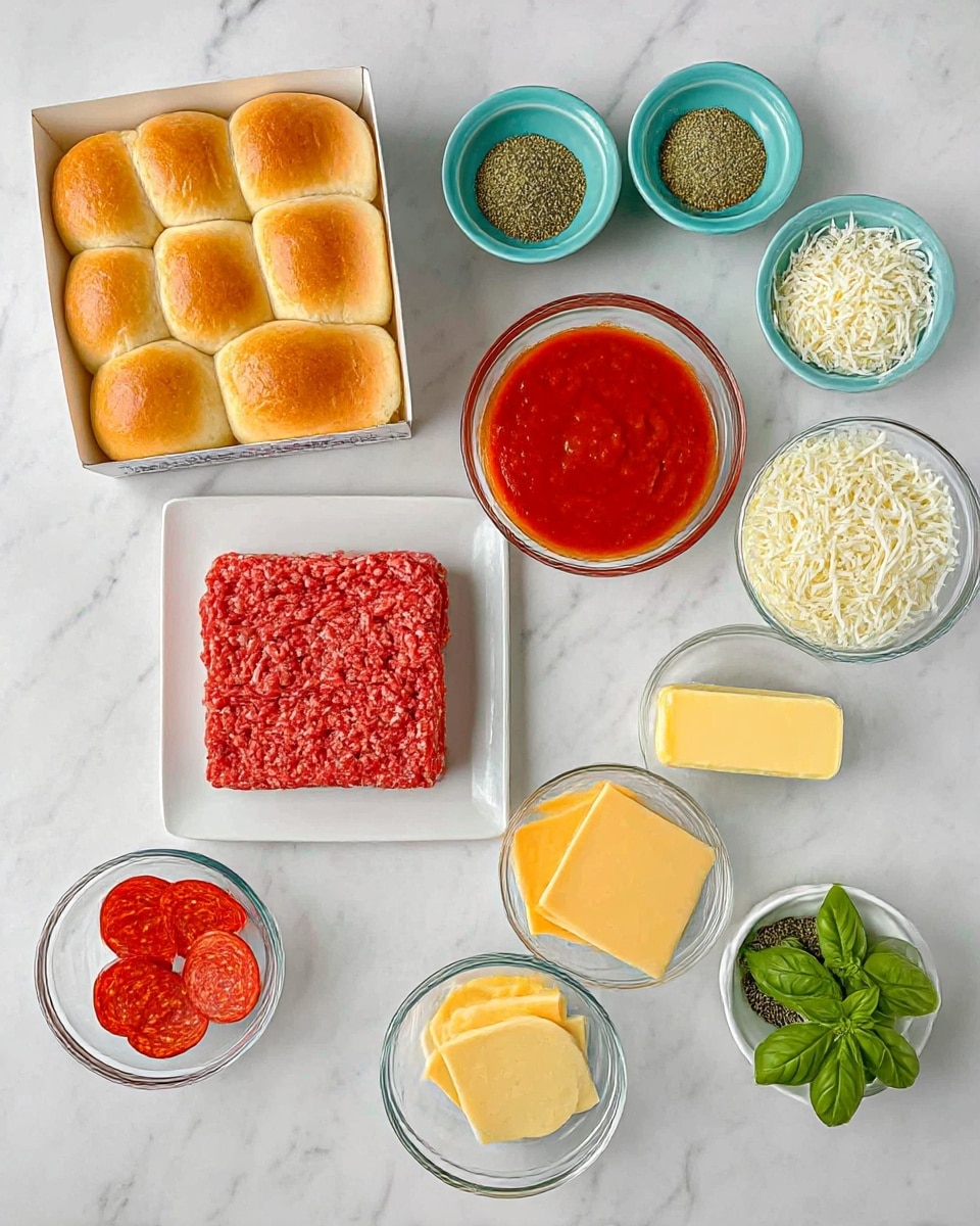 The image shows a top view of several ingredients neatly arranged on a white marbled surface. There is a white box of twelve soft golden brown dinner rolls on the top left. To the right, there are two small turquoise bowls with greenish seasoning powders and a clear glass bowl filled with finely shredded white cheese. Below these, there is a clear glass bowl with bright red tomato sauce next to a stick of butter. In the center is a white rectangular plate holding a square of raw ground meat with red and white textures. At the bottom left is a clear bowl with round slices of red pepperoni. Next to it is another clear bowl with round, pale yellow slices of cheese resting on top of each other. There is a small white dish with dried green herbs and a small fresh green basil sprig beside it. photo taken with an iphone --ar 4:5 --v 7