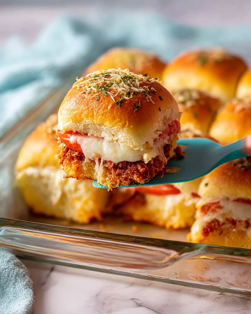 A close-up of a baked slider being lifted from a glass baking dish on a white marbled surface, showing three clear layers: a golden brown top bun sprinkled with green herbs and shredded cheese, a middle layer with slices of red tomato and melted white cheese, and a bottom layer with a thick, saucy meat mixture that looks rich and textured, all held with a turquoise-handled spatula by a woman's hand, with more sliders visible in the background inside the dish; a soft light blue cloth lays nearby, adding a cozy feel, photo taken with an iphone --ar 4:5 --v 7