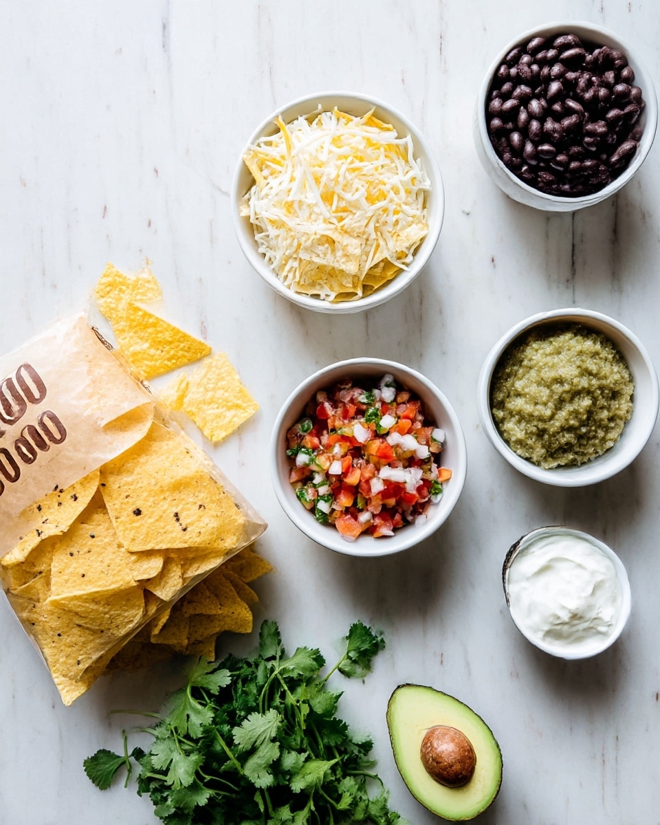 The image shows a white bag spilling out light yellow tortilla chips with specks on them, placed on a white marbled surface. There are five white bowls arranged in a rough cross shape: the top right bowl is filled with shiny dark black beans; the top left bowl has a mix of shredded white and light yellow cheese; the middle right bowl contains a colorful mix of diced red tomatoes, white onions, and green herbs; the middle left bowl holds a greenish chunky sauce or salsa; the bottom right bowl has a white creamy topping. Below the bowls, there is a fresh, bright green bunch of cilantro and half an avocado showing light green flesh and a brown pit. The whole layout is on a clean white marbled surface with soft natural lighting. Photo taken with an iphone --ar 4:5 --v 7