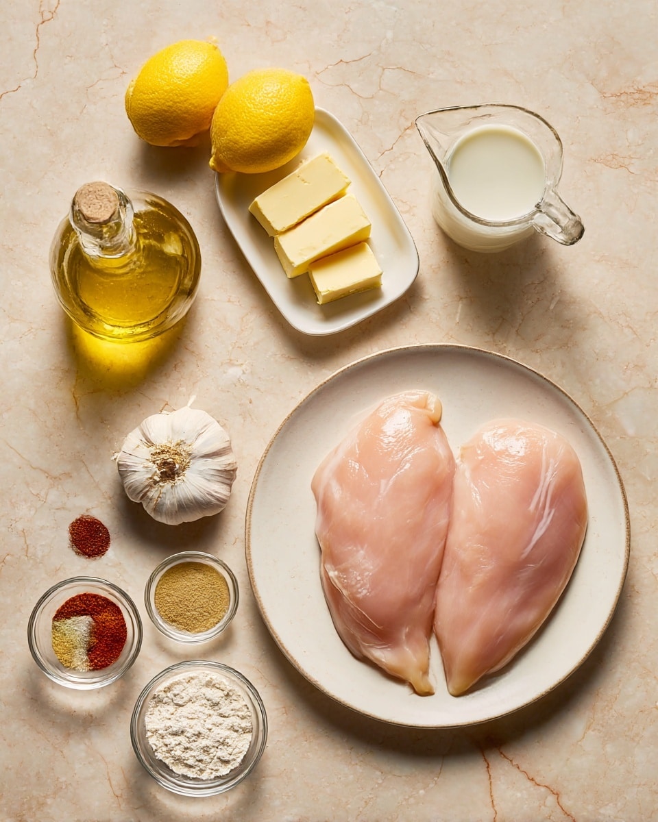 A white plate with two large raw chicken breasts takes the bottom right section of the image, showing a smooth pink and slightly shiny texture. Around the plate are several ingredients placed on a beige surface with a marbled look: to the top left, a glass bottle filled with golden oil; next to it, two bright yellow lemons; in the top center, a small white rectangular dish with three pale yellow butter slices; to the right of the butter, a small clear glass pitcher filled with white liquid; below the pitcher, one whole garlic bulb with a dry white outer layer; in the center left, a small round glass bowl holds light brown mustard; right below it, two tiny round containers carry white powder and reddish paprika; at the bottom left, a clear bowl is filled with white flour. Photo taken with an iphone --ar 4:5 --v 7