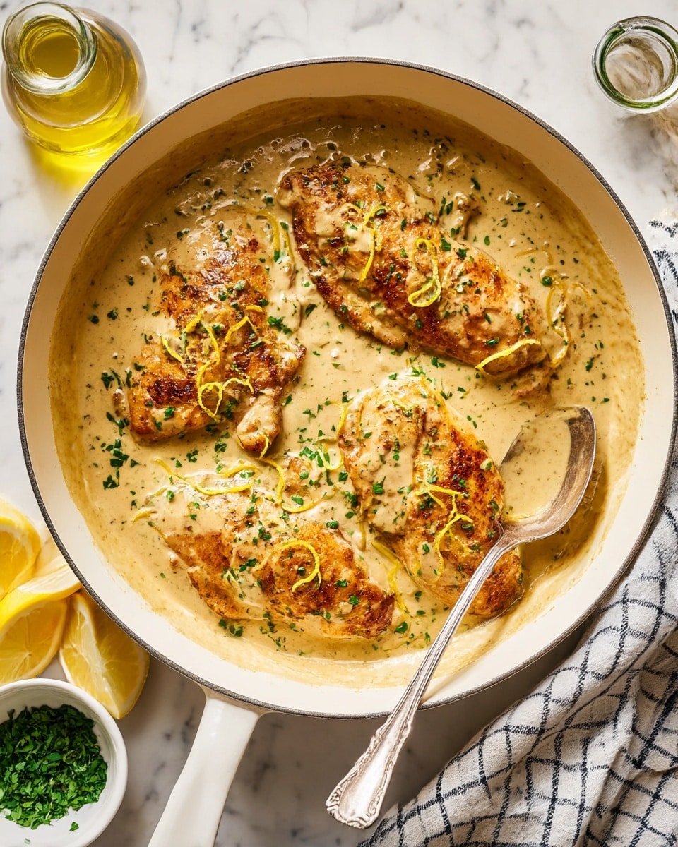 The image shows four browned chicken pieces in a white pan covered with a creamy light brown sauce that has a smooth texture. The top of the chicken and sauce is sprinkled with small bits of green herbs and thin yellow lemon zest curls. A silver spoon rests inside the pan partially under the sauce near the lower right side. Around the pan are some lemon slices, a small white bowl with green herbs, a glass jar of light yellow oil, and a white and black checkered cloth. All items sit on a white marbled surface. Photo taken with an iphone --ar 4:5 --v 7