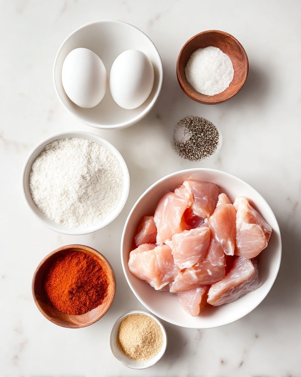 A white bowl filled with light pink raw chicken pieces sits on a white marbled surface at the bottom right. To the left, a white bowl holds two whole white eggs. Above it, a small white bowl contains a fine white powder, likely flour. Next to that, a white bowl has a bright red spice powder with a powdery texture. Above the chicken, there are two small brown wooden bowls on the white marbled surface, one with a mix of black pepper and white salt, and the other with a light tan powder, possibly garlic or onion powder. The arrangement is neat and evenly spaced with soft, natural lighting. Photo taken with an iphone --ar 4:5 --v 7