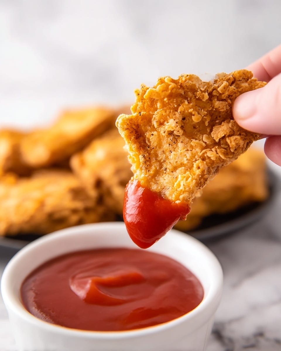 A close-up shot shows a woman's hand holding a piece of golden brown fried chicken dipped halfway in glossy red sauce. The chicken piece has a crunchy and textured surface with some visible seasoning. Below, there is a white bowl filled with smooth, thick red sauce. In the blurred background, more pieces of fried chicken are visible on a dark plate against a white marbled surface. Photo taken with an iphone --ar 4:5 --v 7