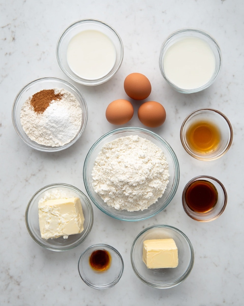 The image shows nine ingredients arranged neatly on a white marbled surface. In the center at the bottom is a clear glass bowl filled with white cottage cheese. Above it, slightly to the right, is a larger clear glass bowl filled with white flour. To the left of the cottage cheese is a smaller clear glass bowl with white powder, cinnamon, and baking soda mixed in. Above this bowl is another clear glass bowl filled with white milk. Centered above the cottage cheese and flour are four whole brown eggs placed in a loose cluster. To the right of the eggs is a small clear glass bowl with a golden brown liquid. Above that is a small clear glass bowl containing a piece of yellow butter. To the left of the butter and below the milk is a small clear glass bowl with a small amount of vanilla extract. The whole setup is clean, bright, and evenly lit. Photo taken with an iphone --ar 4:5 --v 7