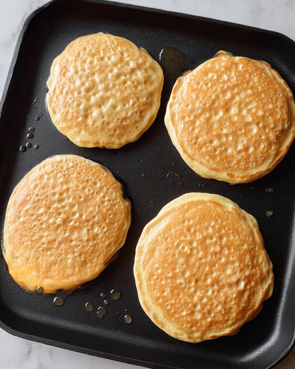 Four pancake layers light golden brown in color with small bubbles on the surface are cooking on a black square griddle. Each pancake is round but slightly uneven on the edges, showing a soft and thick texture. The griddle has tiny drops of oil scattered around the pancakes. The background is a white marbled texture. Photo taken with an iphone --ar 4:5 --v 7
