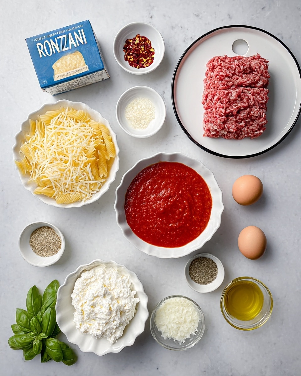 The image shows different cooking ingredients neatly arranged on a white marbled surface. There is a rectangular pile of raw ground meat on a white plate with a black rim in the upper right, with a dent in the center. Below it, a small white bowl contains red chili flakes, and another small white bowl holds minced garlic. To the left, a white bowl is filled with shredded pale yellow cheese, next to a white bowl holding smooth red tomato sauce. Beneath the cheese and sauce, a white scalloped bowl contains soft white ricotta cheese, next to a small glass bowl of finely grated cheese, and a small white cup with golden olive oil. A white bowl with diced onions is placed to the right of the ricotta, and near the top left, a brown egg lies beside two small white bowls filled with black pepper and salt. A blue box of Ronzoni Mostaccioli Rigati pasta is on the left side, and a small cluster of fresh green basil leaves lays in the lower left corner. Photo taken with an iphone --ar 4:5 --v 7
