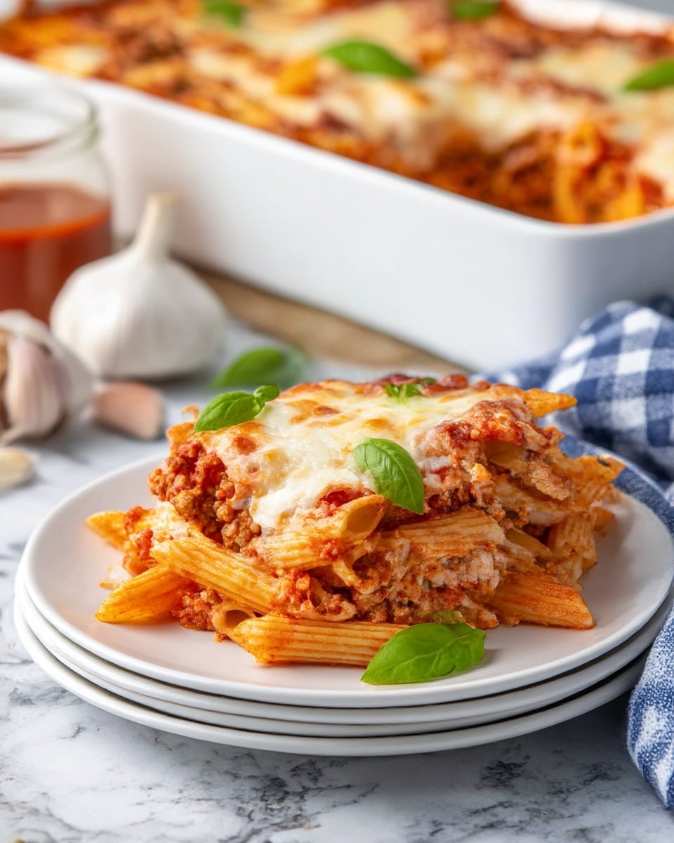 A white stacked set of three plates holds a serving of baked penne pasta layered with red tomato sauce mixed with small pieces of browned meat, topped with melted white cheese that looks soft and creamy, and garnished with small fresh green basil leaves. The pasta is textured with ridges and appears well-coated in sauce. In the background, a white baking dish filled with the same baked pasta is partially visible, slightly out of focus. The scene is set on a white marbled surface with a blue and white checkered cloth nearby and a whole head of garlic and a small jar of sauce adding detail to the composition. Photo taken with an iphone --ar 4:5 --v 7
