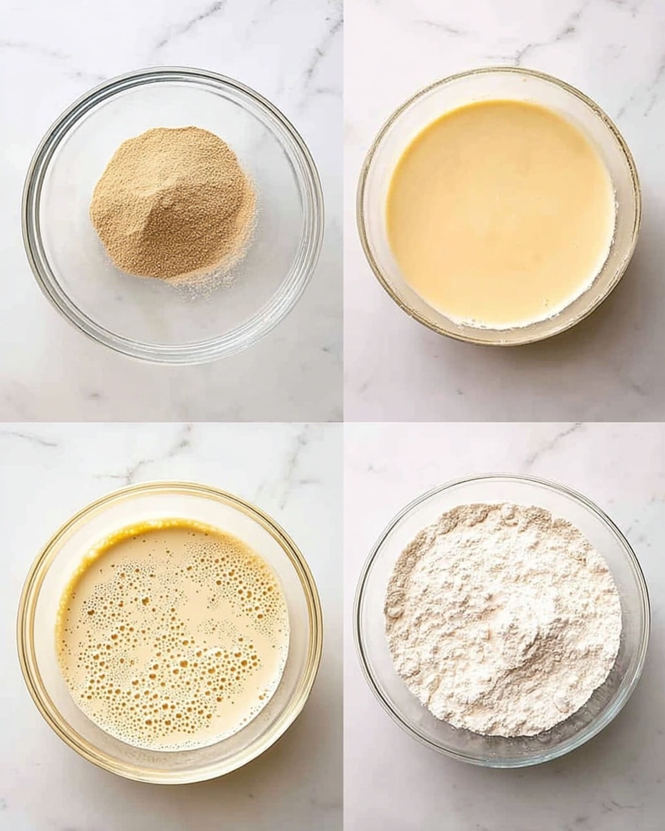 The image shows four steps of mixing ingredients in clear glass bowls arranged in a 2x2 grid on a white marbled surface. The first bowl (top left) contains a small pile of light brown powder, likely yeast. The second bowl (top right) has a smooth, creamy, pale yellow liquid filling the bowl completely. The third bowl (bottom left) shows a bubbly, foamy mixture with a light beige color, covering the bottom of the bowl. The fourth bowl (bottom right) contains a mix of dry white flour layered over the bubbly mixture, with some bubbles visible around the edges. Each bowl is clear, round, and placed on a consistent white marbled texture background. photo taken with an iphone --ar 4:5 --v 7