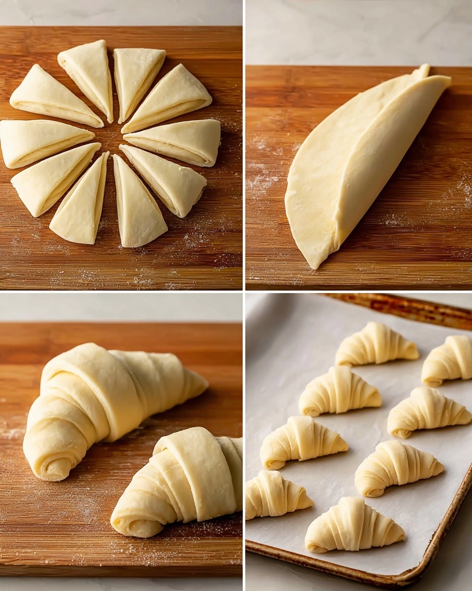 The image shows four steps of making croissant dough on a wooden board. The top left part has a round dough cut into 12 triangular slices radiating from the center. The top right part shows one triangular piece being rolled from the wide end toward the pointed end, creating a curved shape. The bottom left part displays one rolled croissant lying on the board with a smooth, pale dough surface. The bottom right part features a white baking sheet lined with parchment paper, holding several small, rolled croissants evenly spaced, ready to bake. Photo taken with an iphone --ar 4:5 --v 7