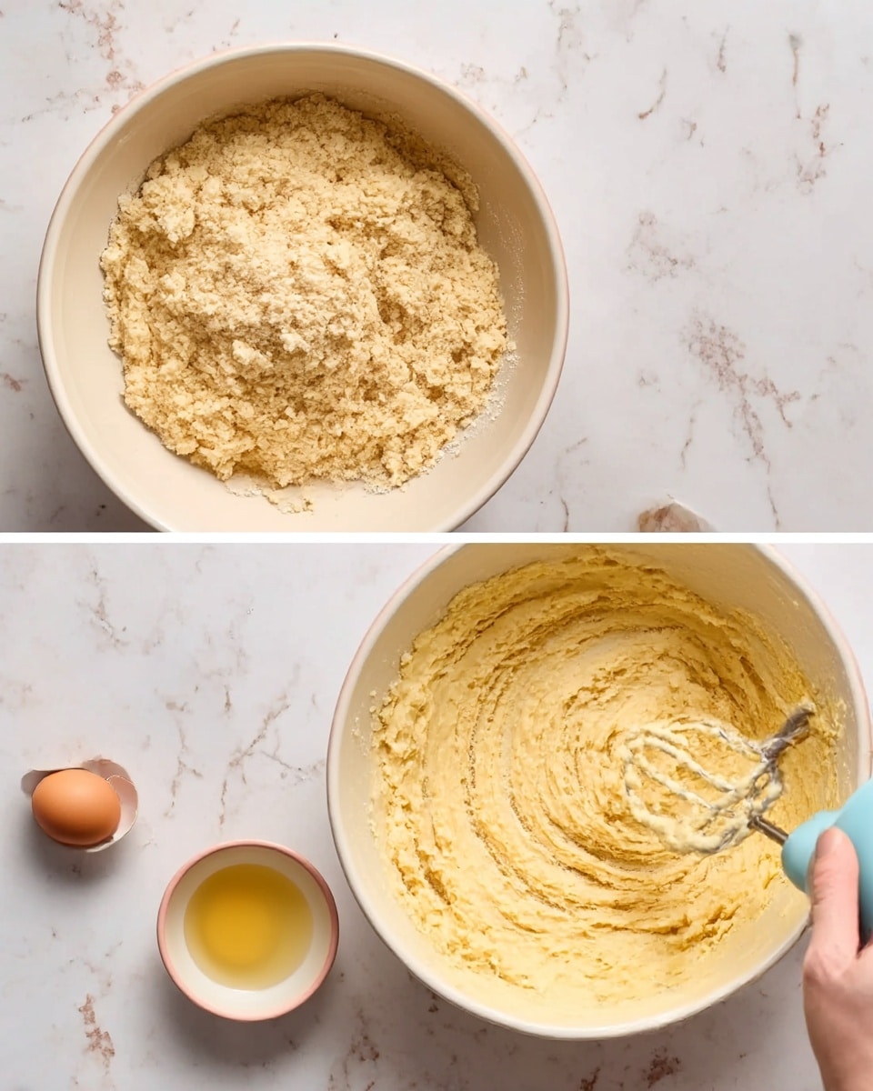 The first image shows a layer of rough, crumbly light beige dough placed in a large white bowl, with an egg and small bowl of liquid on the white marbled surface beside it. The second image shows a smoother, creamy light yellow dough inside the same white bowl, with marks made by a mixer beater visible on the dough's surface while a woman's hand holds the mixer. Both images have a white marbled background and show the dough at different stages of mixing photo taken with an iphone --ar 4:5 --v 7