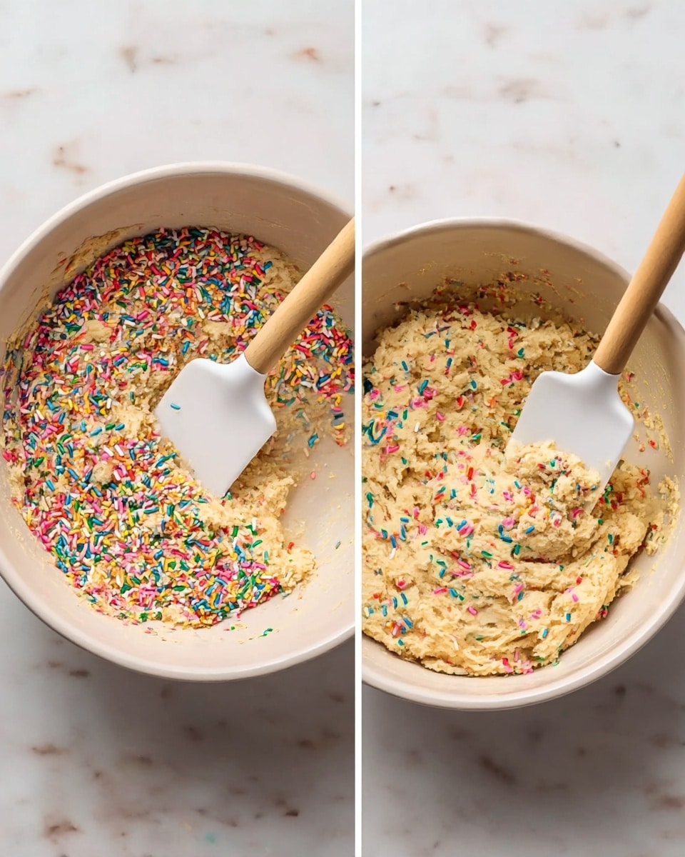 Two side-by-side images show a white mixing bowl with cookie dough inside, placed on a white marbled surface. The dough is light beige and thick in texture. In the left image, the dough is partially covered with colorful rainbow sprinkles mainly on the left side, and a white spatula with a wooden handle is sticking out from the dough on the right side. In the right image, the dough is fully mixed with the rainbow sprinkles evenly spread inside, and the same spatula rests on the right side of the bowl, covered with dough and sprinkles. photo taken with an iphone --ar 4:5 --v 7