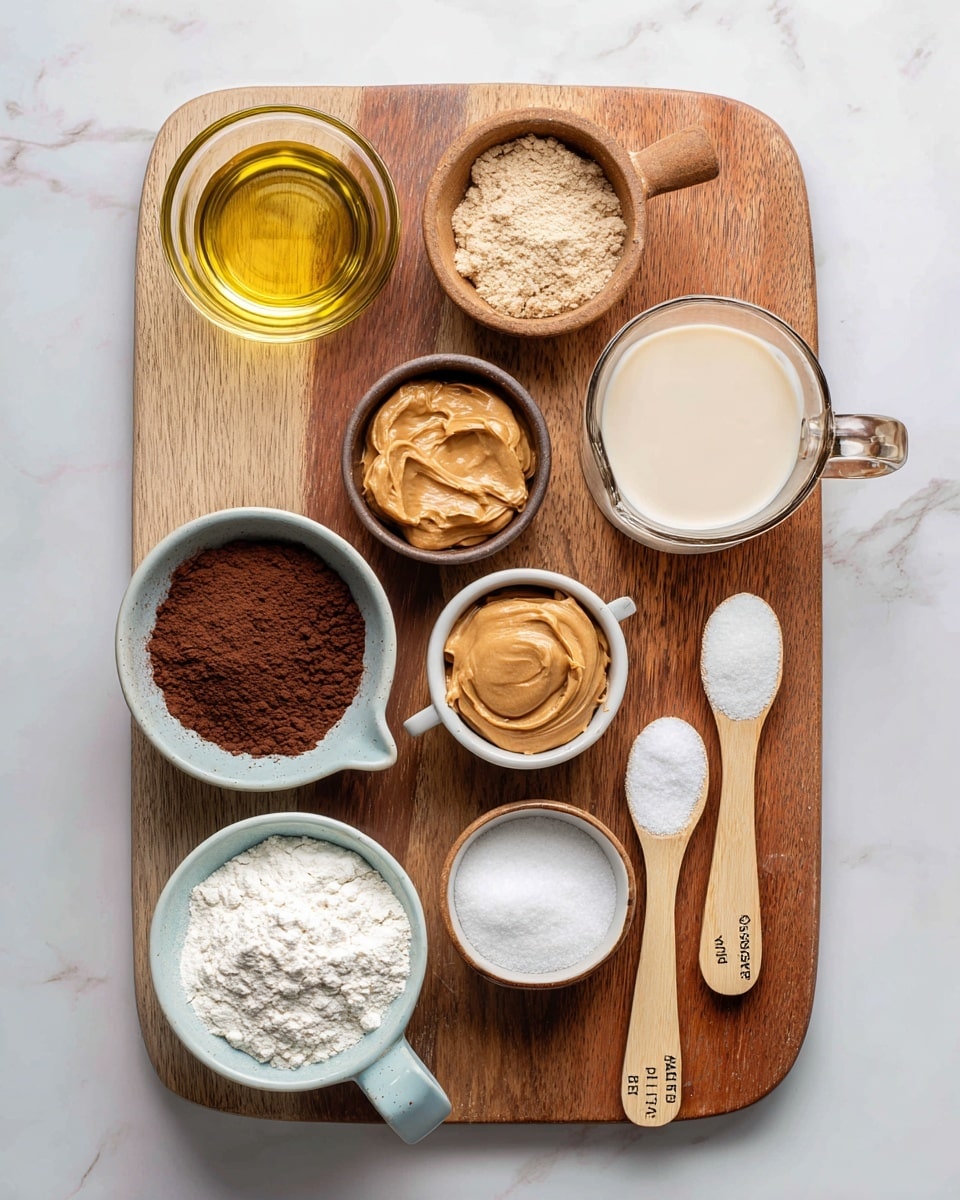 A wooden board on a white marbled surface holds eight small containers with ingredients. On the top left, there is a small clear glass cup filled with light yellow oil. Next to it, in a brown ceramic bowl, is a light beige powder labeled powdered peanut butter. To the right, a clear glass cup with a wooden handle contains creamy light vegan milk. Below, a small brown bowl holds smooth, light brown peanut butter. In the center, a white ceramic cup with a handle is filled with dark brown cocoa powder. Below that, a light blue bowl is filled with white sugar granules. At the bottom left, a bowl of white flour sits next to two wooden spoons on the right; one spoon holds white baking powder, and the other holds white baking soda. Each ingredient is clearly labeled with black and white tags. Photo taken with an iphone --ar 4:5 --v 7