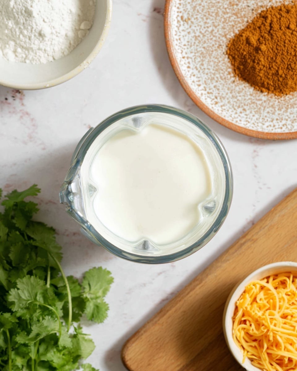 A top view of a clear blender cup filled with a smooth white creamy mixture, placed on a white marbled surface. Surrounding the blender cup are various ingredients: a white bowl with some white powder on the upper left, a textured round white plate with brown powder on the upper right, a small white bowl filled with bright orange shredded cheese on the right, and a wooden cutting board with fresh green cilantro leaves on the bottom left. The scene shows a simple, clean kitchen setup with ingredients ready to be mixed. photo taken with an iphone --ar 4:5 --v 7