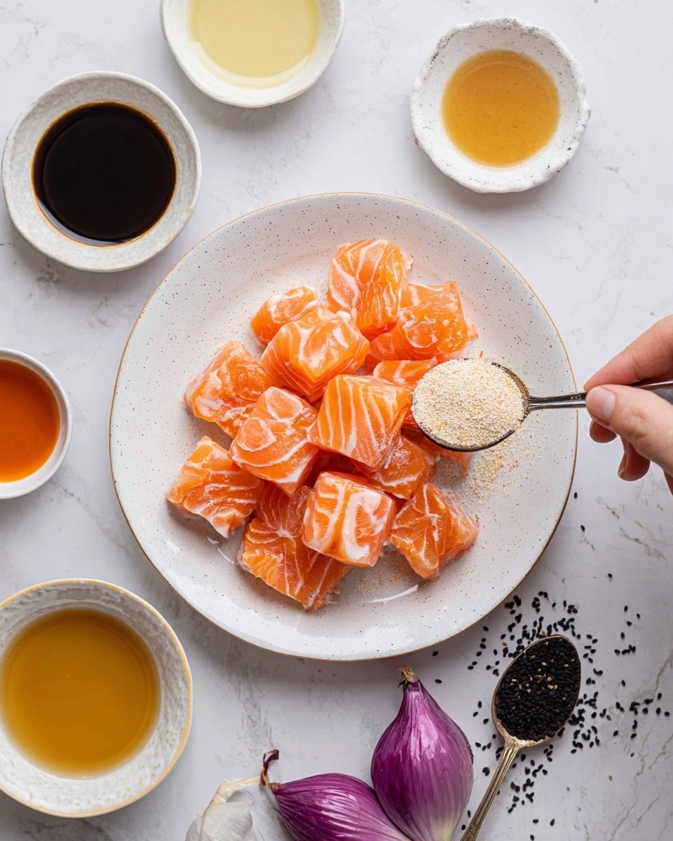 A white speckled plate holds several thick, bright orange slices of raw salmon with visible white marbling. The salmon pieces are lightly sprinkled with a light beige powder, being added from a measuring spoon held by a woman's hand on the right side. Around the plate, on a white marbled surface, are small white bowls with different sauces and liquids: a dark brown soy sauce, a pale yellow oil, a light brown liquid, and two other small plates holding reddish and orange sauces. At the bottom right corner, there are two halves of a purple onion and some scattered black sesame seeds next to a small metal spoon filled with them. photo taken with an iphone --ar 4:5 --v 7